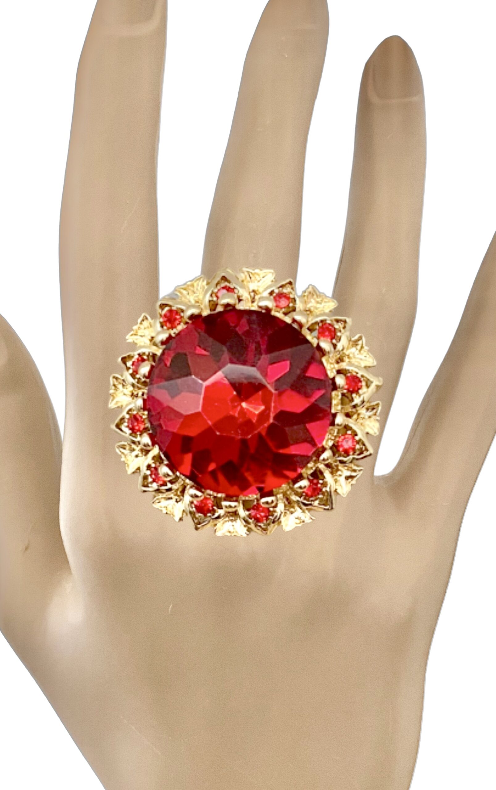 Statement ring stretch red acrylic center stone small red rhinestones