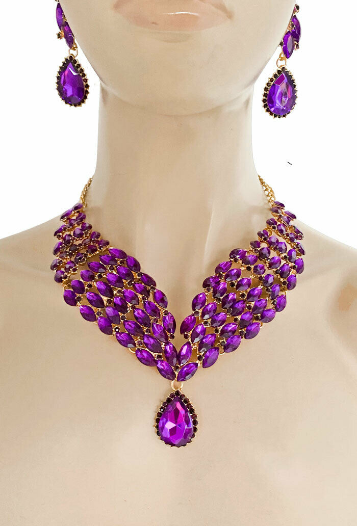 Purple Gold Jewel Necklace and Earring Set