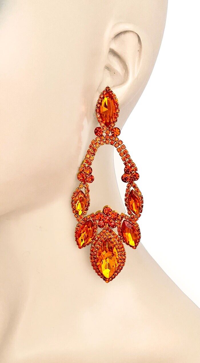 4.75 LongStatement Hoop Evening Glam Earrings Orange Rhinestones Pierced  Ears – Anima Boutique