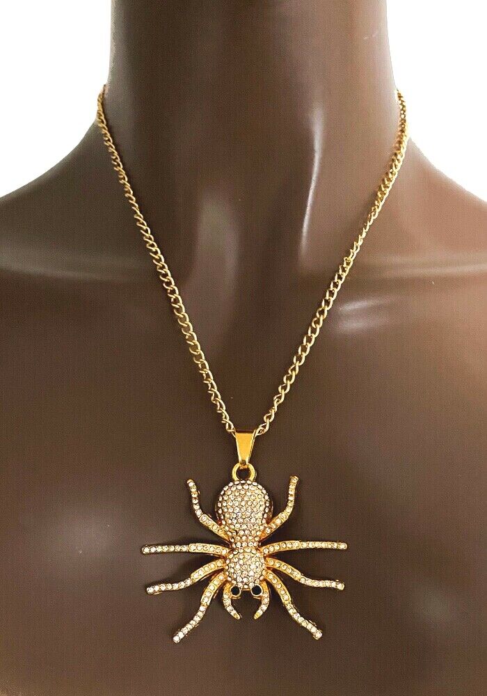 Golden Spider Statement Pendant Necklace Clear Rhinestones Animal Jewelry –  Anima Boutique