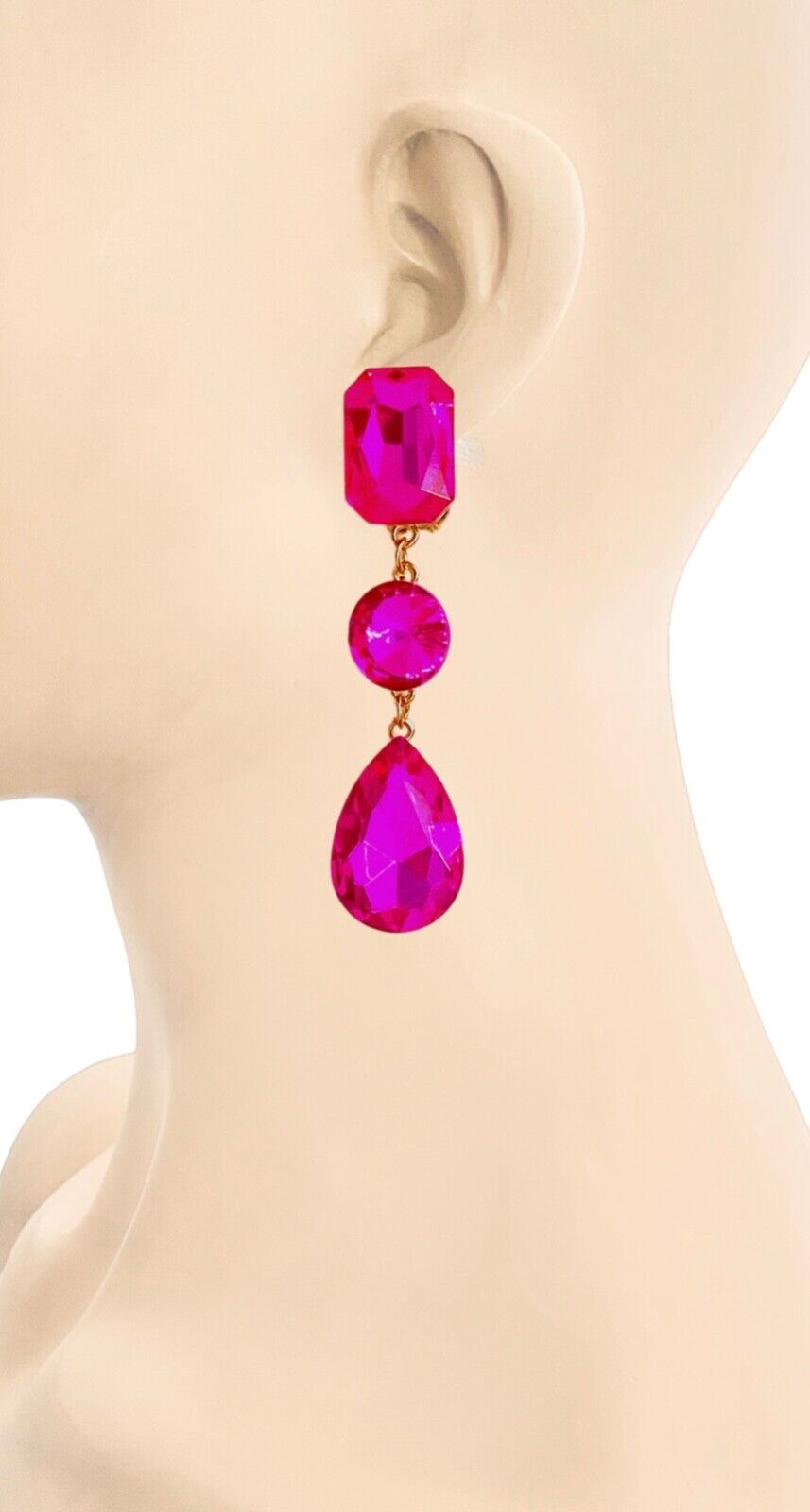 3 Long Classic Elegant Linear Clip On Fuchsia Hot Pink Crystal
