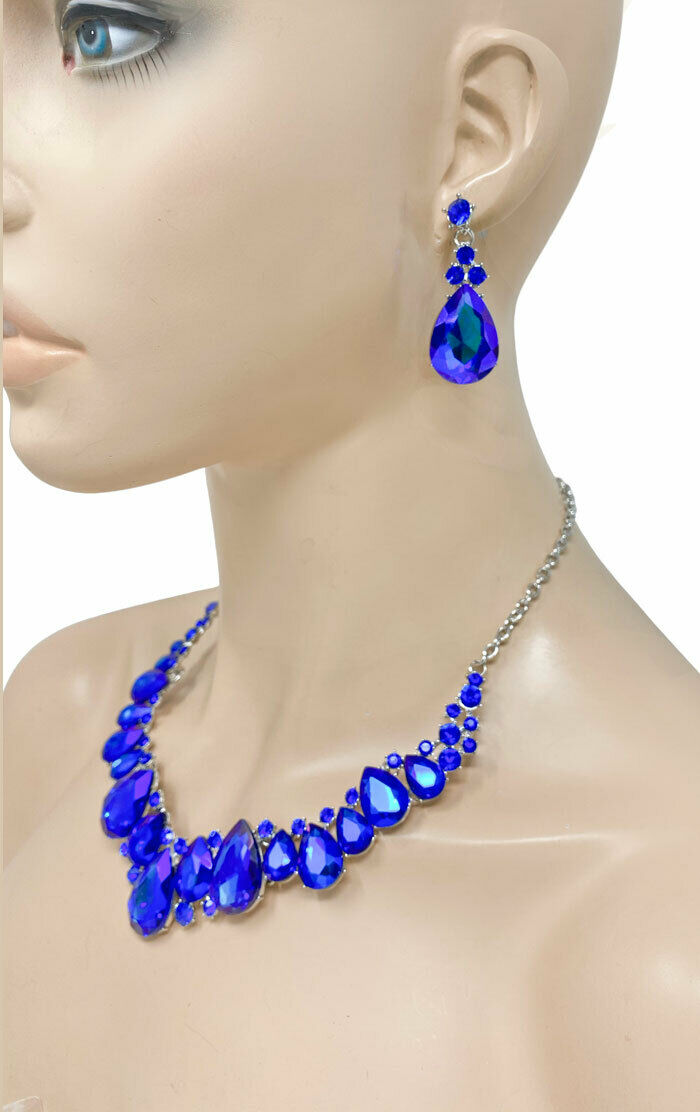 Royal Blue Crystal Necklace and Earrings Fashion Jewellery Set 