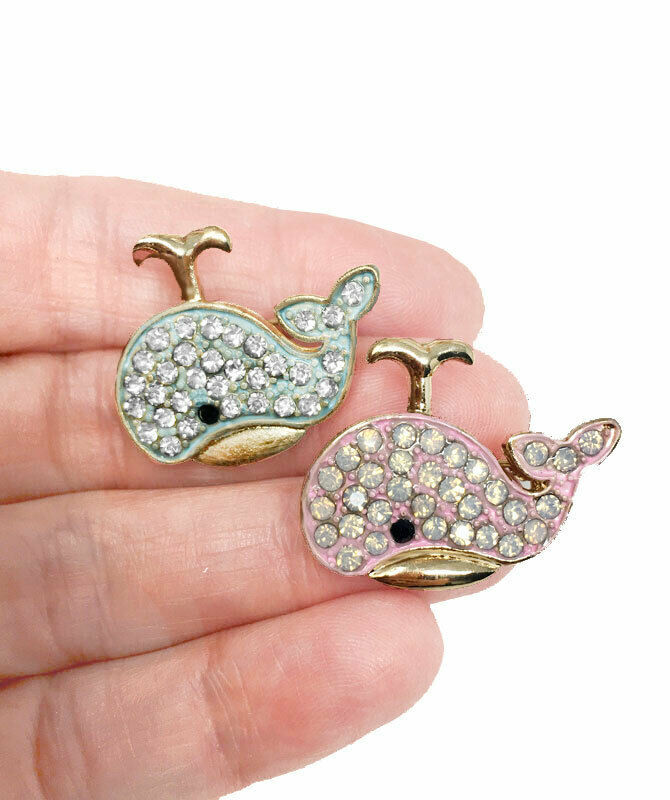 Lot of 2 Whale Brooches Pin with Rhinestones Safety Catch Closure Pink & Green 